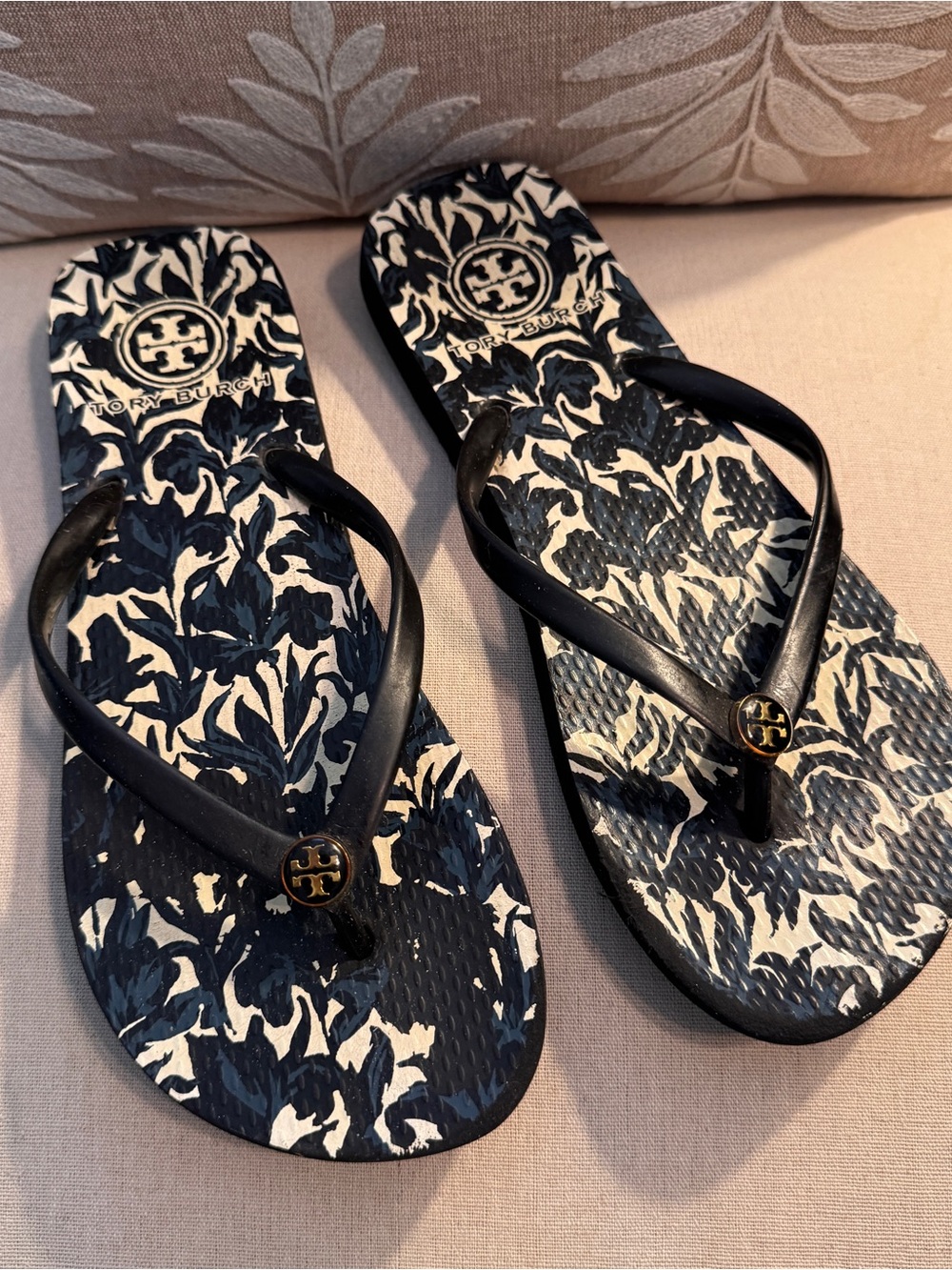 Tory Burch Navy and White Floral Logo Flip Sandals